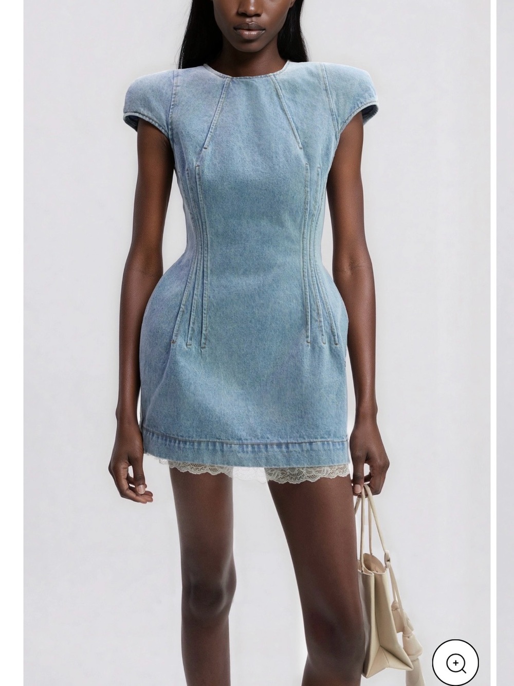 Fitted Light Blue Denim Mini Dress with Lace Trim
